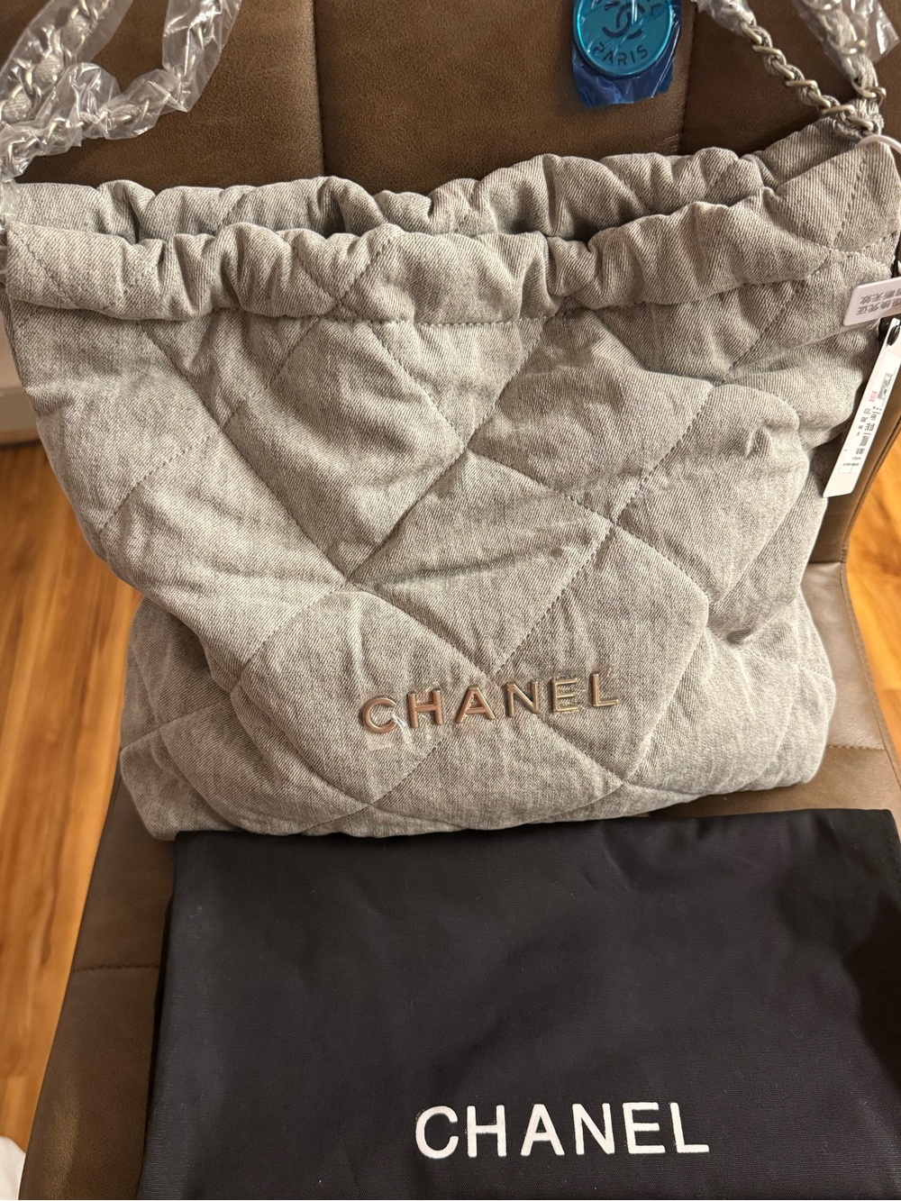 INSPIRED Light Gray Quilted DENIM Drawstring Tote with Matching Pouch